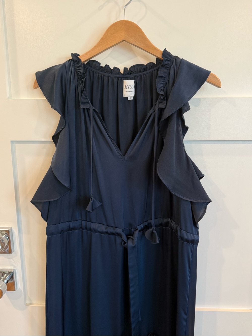 Misa Navy Ruffle Flounce Fringe Drawstring Viscose Dress - Picture 4 of 8